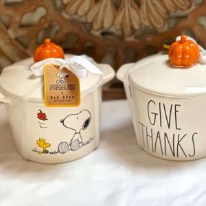 RAE DUNN Snoopy & Woodstock Peanuts GIVE THANKS Baking Dish Crock With Pumpkin